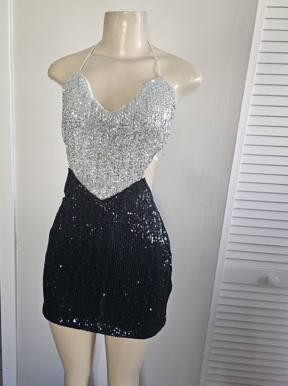 PrettyLittleThing Silver & Black Sequin Halter Mini Dress